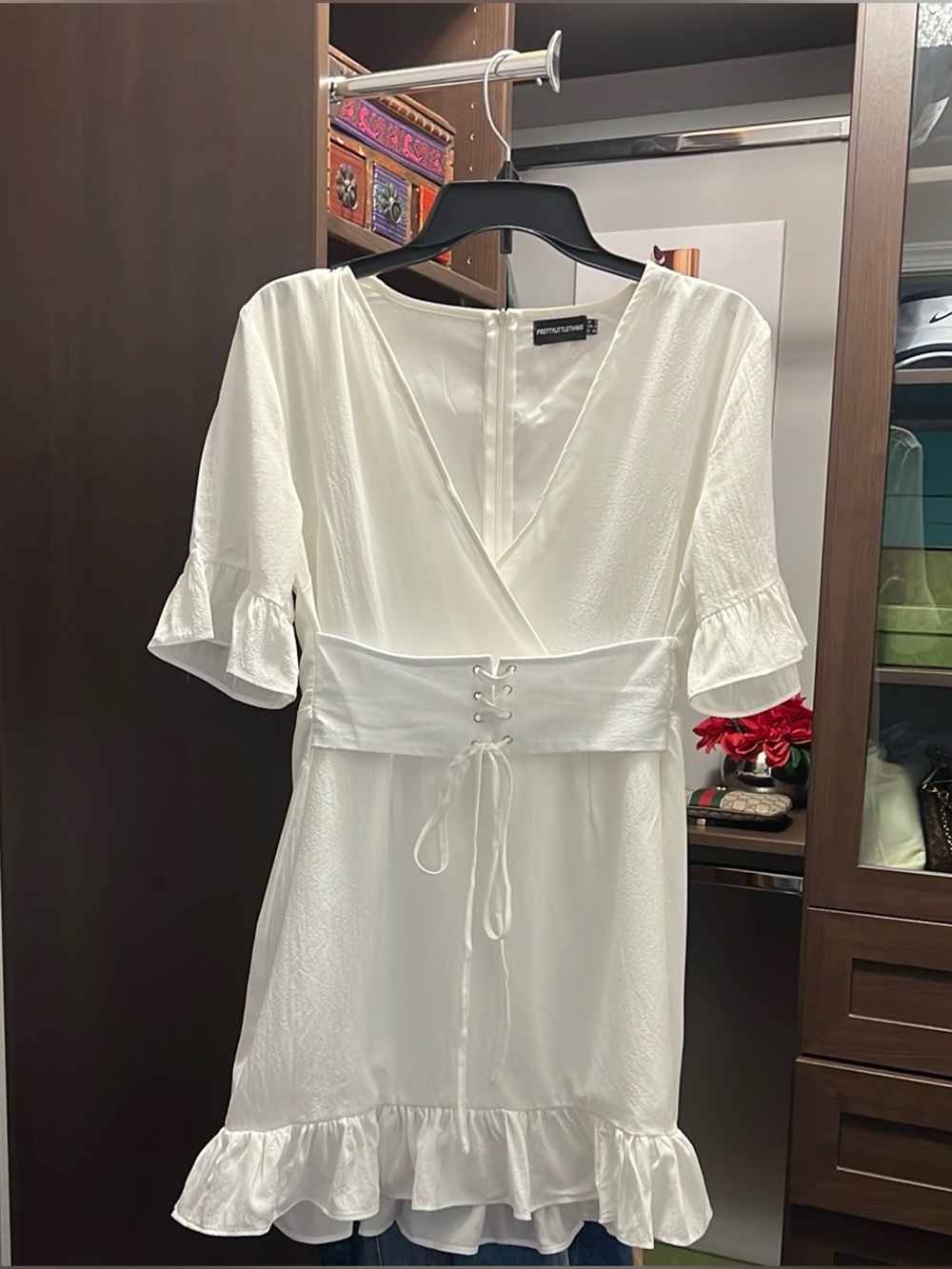 PrettyLittleThing White Corset Detail Ruffle Hem Mini Dress Size 8